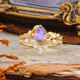 Nature-Inspired 3-Prong Oval-Cut Natural Amethyst Engagement Ring Set with Vine Accents